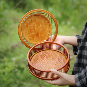 <b>Bamboo</b> Woven Covered Fruit Basket Round Handmade Food <b>Container</b> Kitchen Storage Basket Single Tier - Product Image 2