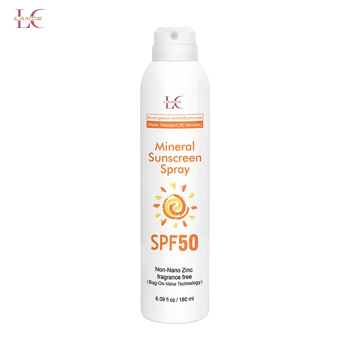 Lance Spray solaire SPF 50 avec marque privée Reef Safe Spray solaire minéral à large spectre UVA UVB PA Brume sans fonte blanche