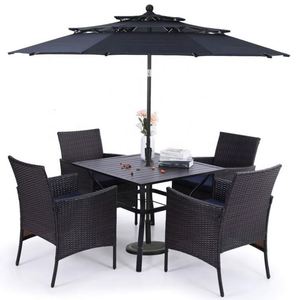 Juego de comedor moderno de acero para cuatro personas Yillin con sombrilla para uso en hoteles de playa y granjas - Product Image 1