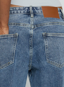 Women's Mid Straight Jeans Y2K Casual Sexy Vintage Wash Rhinestone Embellished Rolled Cuff Baggy Denim - Product Image 5