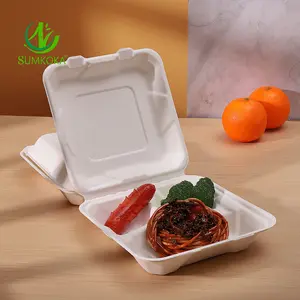 Logo Printing OEM Service Greaseproof Microwavable Bagasse Food Container Biodegradable Eco Friendly Sugarcane Bagasse Lunch Box