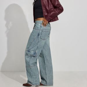 Pantalon cargo en jean taille haute pour femme avec poches, coupe ample, respirant, décontracté, style baggy - Product Image 2