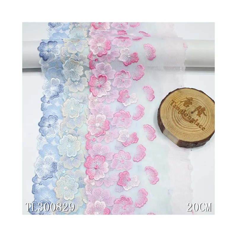 OEM Fresh 3D Embroidery Lace Fabric 20CM Gradient Blue Pink Floral Embroidered Border Lace Trim Mesh Fabrics Lace For Women