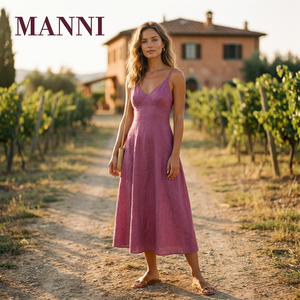 Robe midi trapèze en lin pour femme, couleur mauve, à fines bretelles et col en V, élégante, pour la vente en gros et la personnalisation OEM - Product Image 3