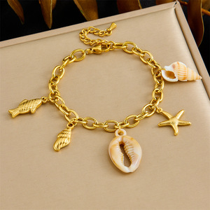 Ocean Style Gold Plated Charm Bracelet With Conch Carp Starfish Seashell Pendant Women's Jewelry - Product Image 1