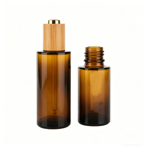 Vente en gros de flacons compte-gouttes en verre ambré vides avec bouchons en bambou pour les parfums, les soins de la peau et les sérums - Product Image 2