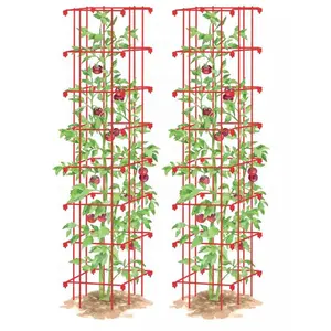 2pcs Square Tomato Plant Cage Support Heavy Duty Pole Steel Plant Tower Stakes for Climbing Vegetables Flowers Fruits Red