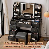 Ensemble de coiffeuse moderne en bois avec miroir éclairé, tiroirs de rangement, étagères et siège rembourré pour chambre à coucher