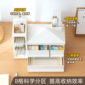 Creative House Shaped Pen Holder With <b>Drawer</b> <b>Plastic</b> Desktop <b>Storage</b> Box For Office And School Supplies Organization - Product Image 3