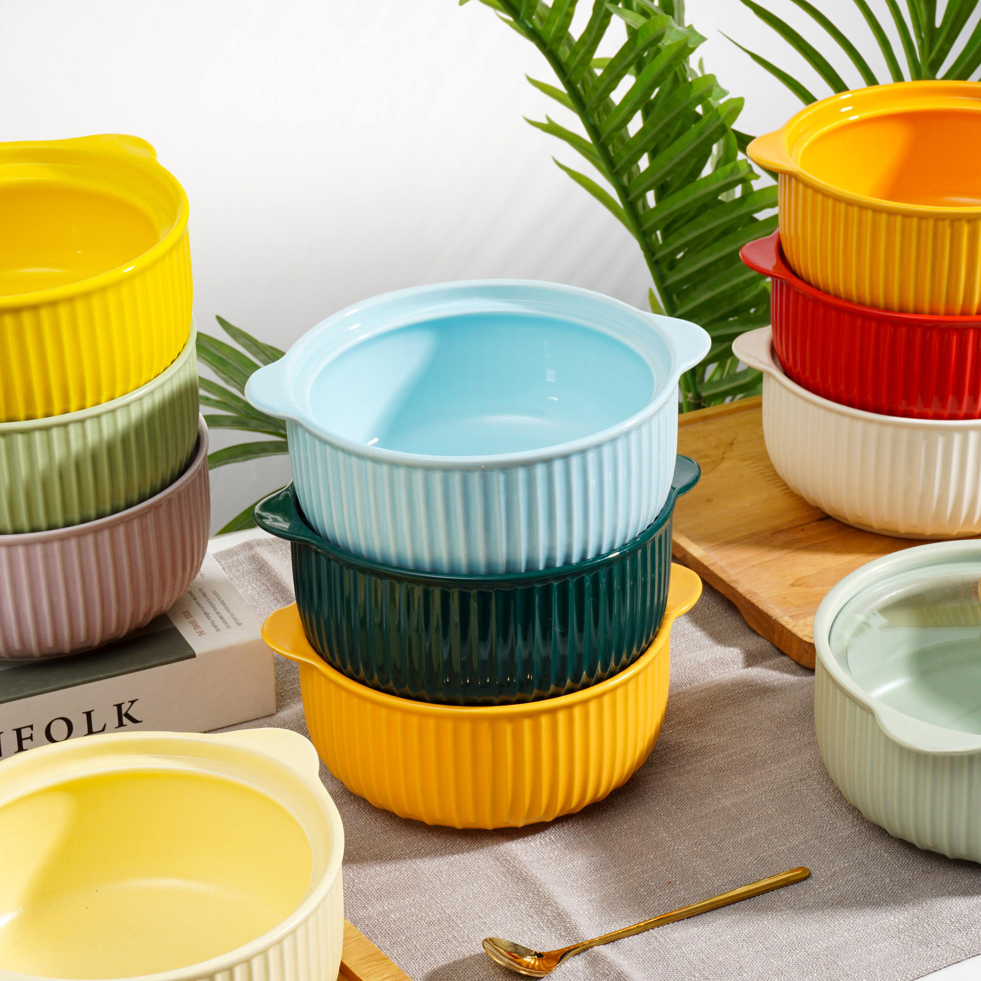 Ceramic Tableware Double Ears Baking Bowl with Lid Soup Bowl