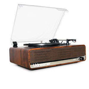 Tourne-disque vintage en bois à 3 vitesses avec haut-parleurs stéréo intégrés sans fil et cache anti-poussière transparent - Product Image 1