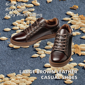 Baskets basses décontractées pour hommes en cuir véritable grande taille à lacets, couleur unie marron foncé, respirantes et antidérapantes pour l'automne - Product Image 5