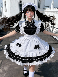 Ensemble de <span class=keywords><strong>Costume</strong></span> de Soubrette Gothique Lolita pour Femme, Robe Noire et Blanche Style Petit Diable avec Tablier à Volants et Col en Dentelle, Idéal pour Spectacles Scéniques (Vente en Gros) - Product Image 3