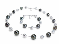 Ensemble collier et bracelet étoilé en perles de riz et perles de Tahiti mélangées, avec fermoir extensible 18K