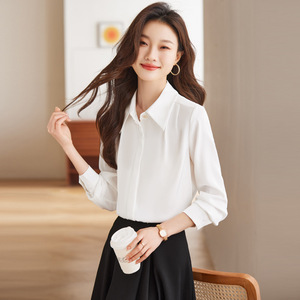 Women's White Long Sleeve Shirt Solid Color Polyester Office Wear Elegant Simple Style - Product Image 4