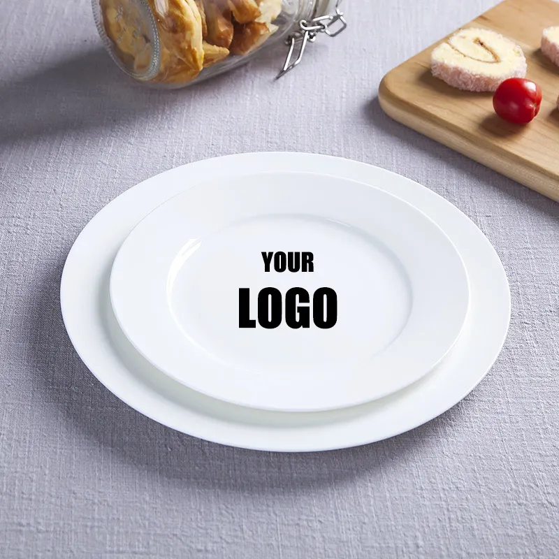 Factory Customized 8/10/10.5 Inch Pure White Bone China Scratch Resistant Ceramic Dinner Coupe Plate with logo