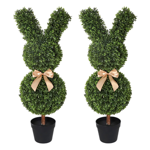 Ensemble de 2 arbres topiaires en faux buis, plante artificielle en forme de lapin avec nœud pour la décoration de la véranda, du jardin <span class=keywords><strong>extérieur</strong></span> et des mariages - Product Image 1