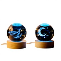 Boule de cristal de quartz transparente gravée en 3D transfrontalière avec base lumineuse, petite veilleuse, décoration de bureau, pour étudiant