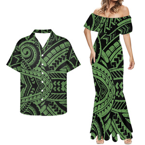 Robes de <span class=keywords><strong>tatouage</strong></span> tribal polynésiennes femmes dame élégante Tapa fleur Couples ensembles de vêtements Samoa 8XL robe et hommes chemises 2 pièces personnalisé - Product Image 3
