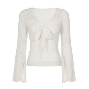 T-shirt femme en dentelle blanche respirante, coupe ajustée, décontracté, à manches longues, col en V, avec nœud sur le devant, haut en maille transparente pour le quotidien et les soirées - Product Image 6