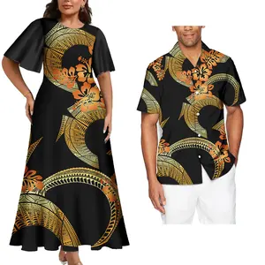 패션 폴리네시아 부족 패턴 부족 커플 세트 2 pcs 남자 하와이안 셔츠와 여자 원피스 사모아 타파 디자인 커플 세트