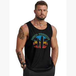 <b>Men's</b> <b>Black</b> Beach Paradise Printed Tank Top O-Neck Casual Sleeveless Breathable Polyester <b>Vest</b> Front Logo Design - Product Image 1