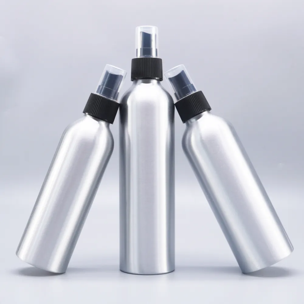 Atacado 30ml 50ml 100ml 200ml prata personalizado spray garrafas vazio alumínio garrafa cosmética garrafa de alumínio reciclado