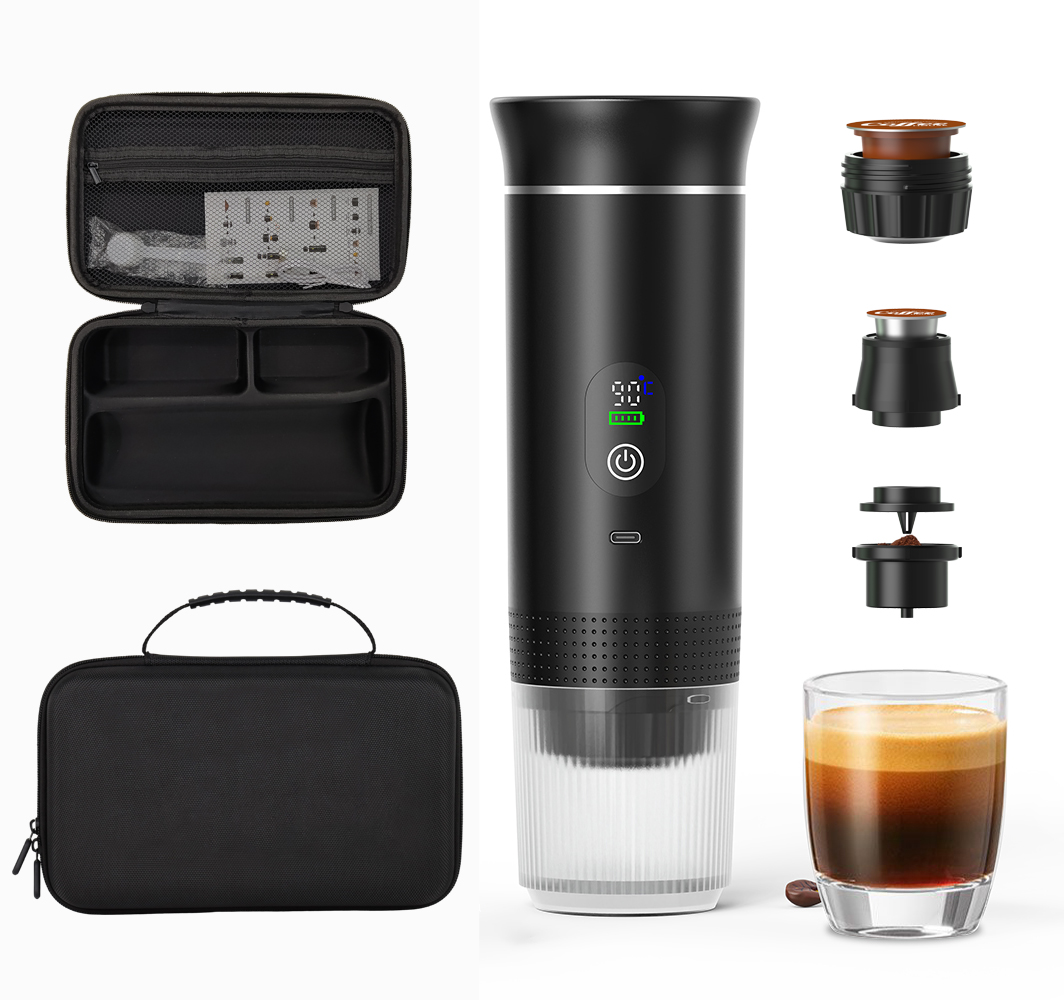 3-in-1 Portable Self-Heating Espresso Machine | Rechargeable Outdoor Camping Coffee Maker with LED Display &amp; Fast Brewing