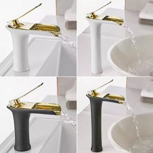 Robinet de lavabo cascade en laiton, monotrou, mitigeur chaud/froid, ergonomique, blanc doré, double hauteur, pour lavabo de salle de bain à domicile ou à l'hôtel - Product Image 5
