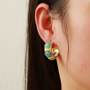 Huggie <b>Earrings</b> Gold Plated <b>Turquoise</b> Oval Geometric <b>Stud</b> For Women - Product Image 2