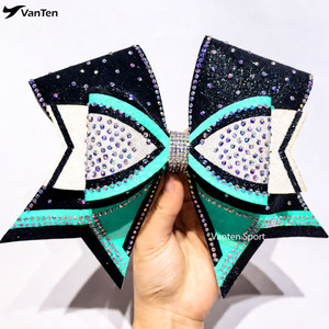 Moños de Competición de Alta Calidad Triple Threat, Color Amarillo Neón y Azul Rey, Moños Grandes de 7 Pulgadas con Cola Completamente Decorada con Pedrerí<span class=keywords><strong>a</strong></span> - Product Image 5