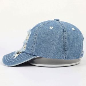 Manufactory Wholesale Most Popular 6 Panel Stylish Youth Fitted Unstructured Denim Jeans Distressed Baseball <b>Hat</b> - Product Image 3