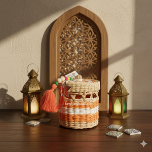 Panier de rangement moderne en bambou tressé en rotin avec couvercle pour les célébrations du Ramadan et de l'Aïd |   Organisateur de boîte cadeau écologique haut de gamme - Product Image 5
