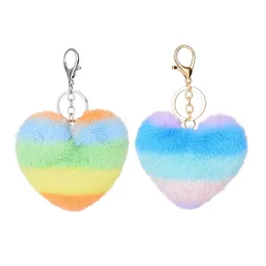 Vj Mix Kleur Mode Pluizige Pompom Bont Hart Sleutelhangers Ring Auto Tas Hanger Koppels Sleutelhanger Voor Vrouwen Geschenken