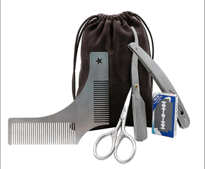 Kit de aseo y recorte de barba portátil para hombres cuidado peine moldeador de barba en ángulo recto, maquinilla de afeitar y tijeras - Product Image 3