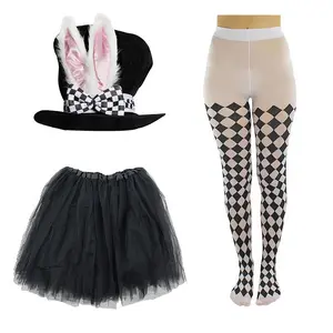 3PC Halloween Cosplay Adult Bunny Girl Costume Mad Hatter Fancy Easter Bucket Hats con orecchie da coniglio gonna e Leggings