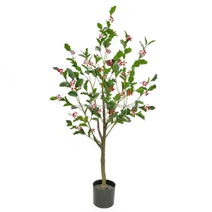 Aanpasbare Plastic Bladeren Houten Stam Bessen Kerstdecoratie Plant Boom Met Rood Fruit