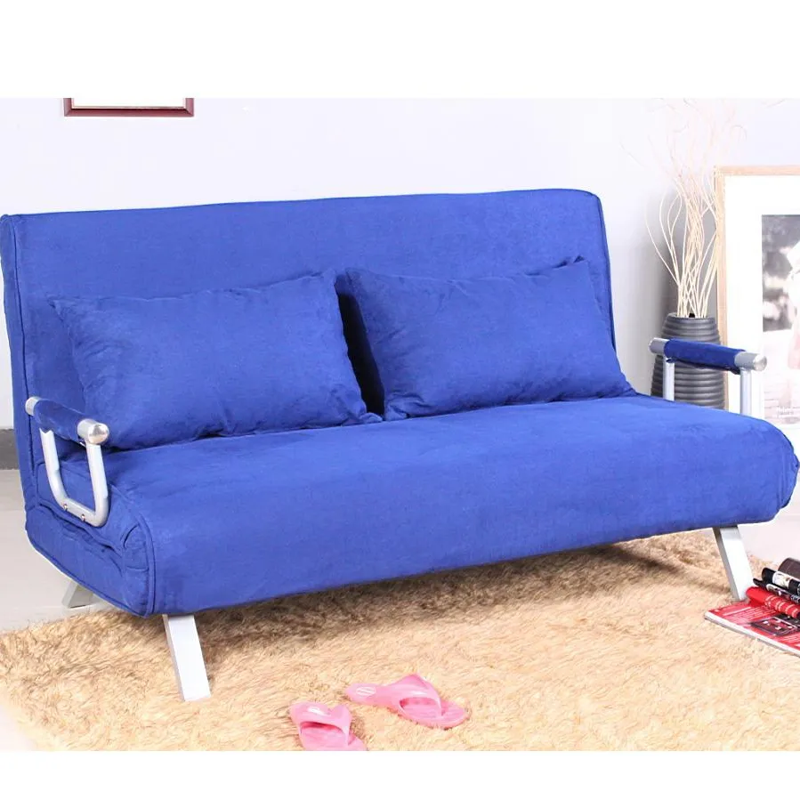 Sofá cama futón con brazos extraíbles, paquete plano de Metal, microfibra azul