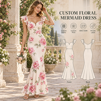Robe longue sirène ajustée pour femme, imprimé floral tissé, manches à volants, col cœur, idéale pour les occasions formelles - Vente en gros