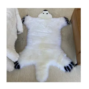 Alfombra de centro con forma de oso Polar para niños, tapete largo de lana de oveja, personalizado, con logo, decorativo de piel de animal