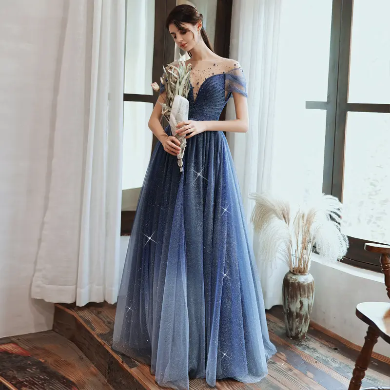 2022 New Ladies party fashion show nebulas blue long ball gown evening prom dresses