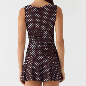 Jupe courte sans manches à pois marron décontractée pour femmes, tenue quotidienne personnalisée en usine - Product Image 4