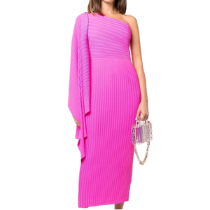 Vestido Maxi de Punto Asimétrico de Un Solo Hombro con Detalle Drapeado, Estilo Bodycon Ajustado, Color Sólido Rosa, para Fiesta, Verano - Product Image 1