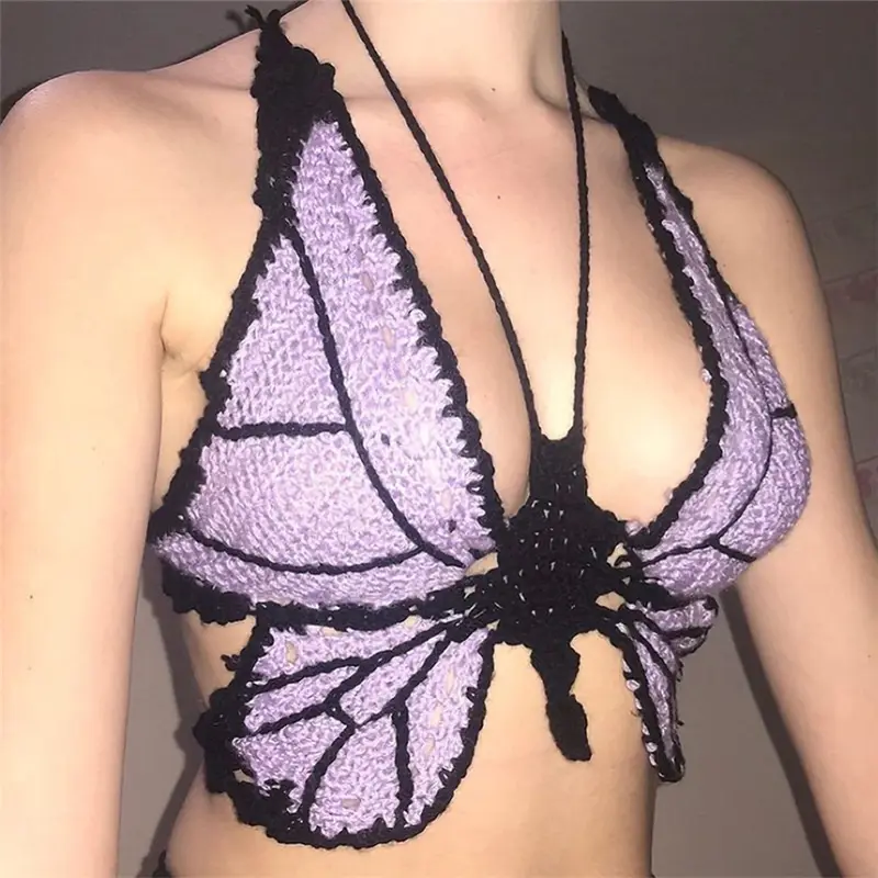 Top de ganchillo de mariposa para mujer, bikini sexy de ganchillo, top de empalme de ganchillo para mujer