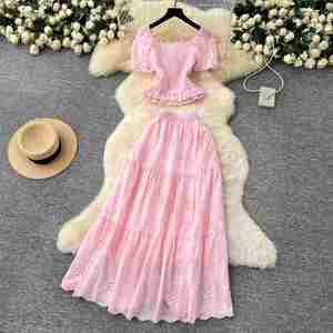 Women's Winter Solid Woven Embroidered Roman Vacation Style <b>Square</b> Collar Puff Sleeve Tunic Top High Waist Skirt <b>Set</b> Wholesale - Product Image 4