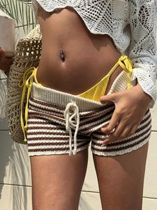 Women's Casual Vintage Mid-Waisted <b>Elastic</b> Waist Corduroy Plaid Bow <b>Lace</b> Breathable 100% Cotton Shorts - Product Image 5