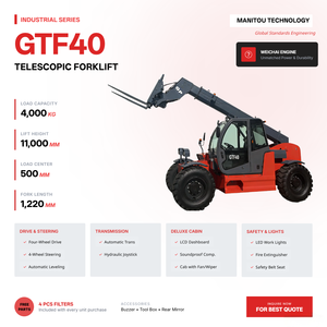 Téléhandler GTF40 4T : Portée de levage de 11 m, moteur Weichai, <span class=keywords><strong>4</strong></span> <span class=keywords><strong>roues</strong></span> motrices, automatique, technologie <span class=keywords><strong>Manitou</strong></span>, cabine. - Product Image 2