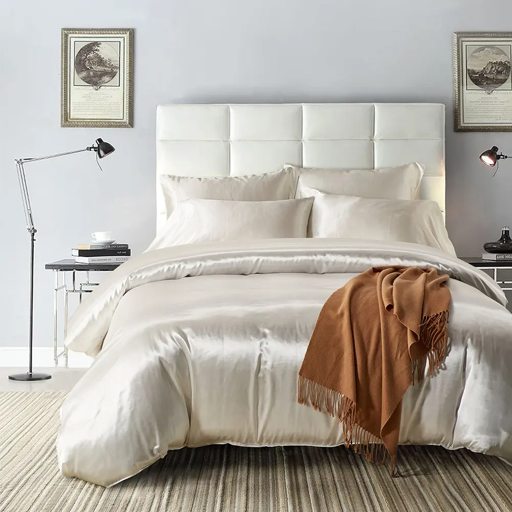 ผ้าปูที่นอนผ้าไหมสีขาวหรูหราขนาดคิงไซส์ Xl,ผ้าคลุมเตียงซาตินชุดเครื่องนอนปลอกผ้านวมผ้าไหม4ชิ้น