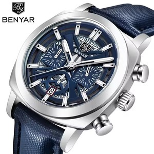 Benyar 5205 Đồng hồ nam sang trọng hàng đầu Đồng hồ nam có Đèn Ngủ Chống nước ngày giờ đồng hồ thạch anh Nam chất lượng cao bằng da + Hộp reloj - Product Image 1