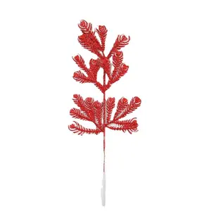 Decorative Single Long Stem Glitter Twig Pine Tree Spray Branches With Leaves For Christmas Outdoor Festival Decoration